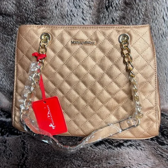 Tan Quilted Montana West Shoulder Bag with Gold Chain - Picture 1 of 5